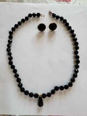 Black Beaded Necklace and Stud Earring Set Black Onyx with 14 k
